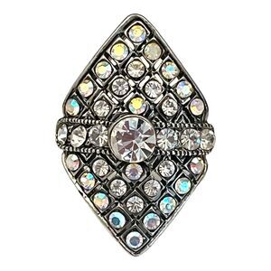 Vintage Cocktail Ring Aurora Borealis Crystals Silver Tone Art Deco Style 5H